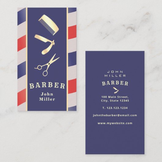 Retro Gold Barber Tools Red Blue White Visitekaartje (Voorkant / Achterkant)