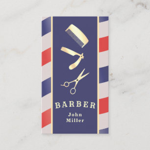 Retro  Gold Barber Tools Red Blue White Visitekaartje