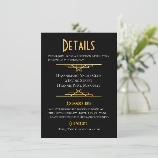 Retro Gold Black Great Gatsy Détails Carte Mariage (Debout devant)