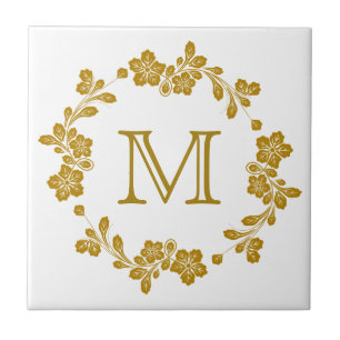 Retro Gold Floral Border Monogram Tegeltje