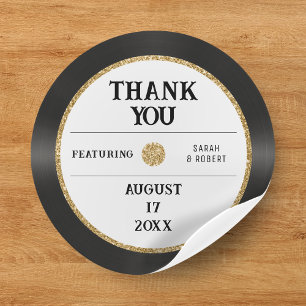 Retro Gold Glitter Vinyl Record Dank je bruiloft Ronde Sticker
