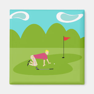 Retro Golfer Square Magnet Magneet