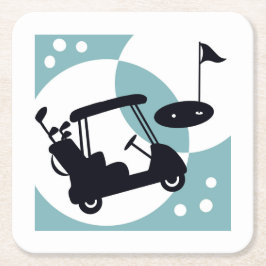 Retro golfkar in zwart & blauw vierkante kartonnen onderzetter