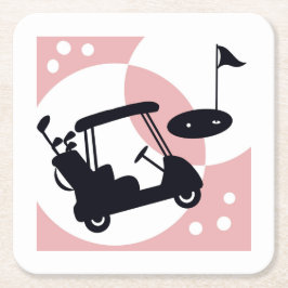 Retro golfkar in zwart & roze vierkante kartonnen onderzetter