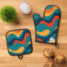 Retro Golfpatroon Modern Abstract Ovenwant & Pannenlap Set