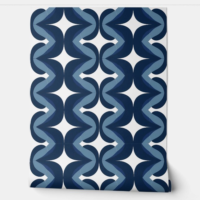 Retro golvend blauw en wit streeppatroon behang (Afrollen)