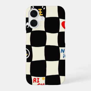Retro golvend schaakbordpatroon met Doodle-icoontj iPhone 16 Hoesje