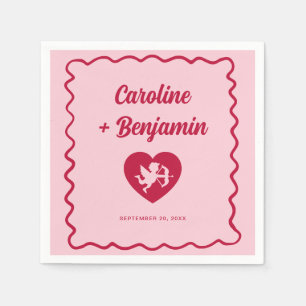Retro Golvende Frame Rode Roze Cupido Hart Trouwfe Servet