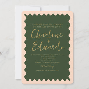 Retro golvende groene perzik gouden bruiloft kaart