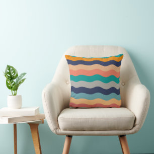 Retro golvende lijnen - Blauw Turquoise Oranje Kussen
