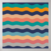 Retro golvende lijnen - Blauw Turquoise Oranje