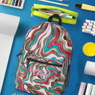 Retro golvende strepen Hot Pink Bourgondië Monogra Bedrukte Rugzak