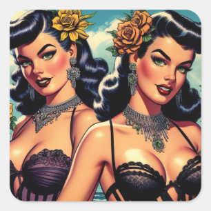 Retro Gothic Meisjes Pin-up Vierkante Sticker