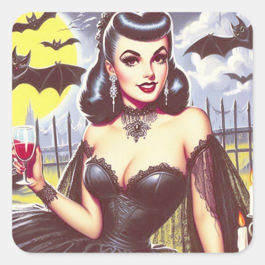 Retro Gothic Vampier Pin-up Vierkante Sticker (Voorkant)