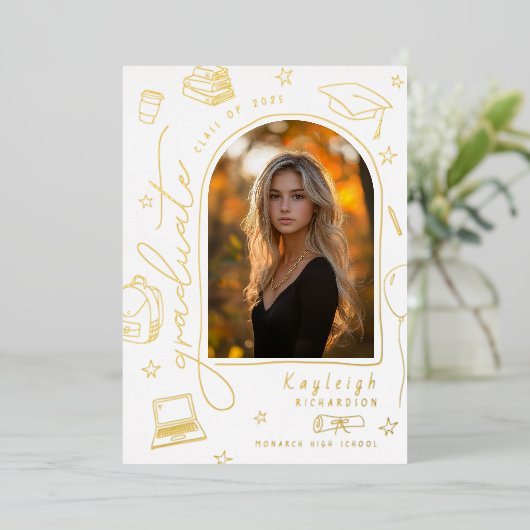 Retro Goud Folie Foto Afstudeer Uitnodiging (Staand Voorkant)