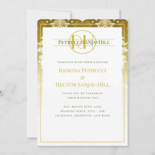 Retro Goud Groen Damast Bruiloft Kaart (Voorkant)