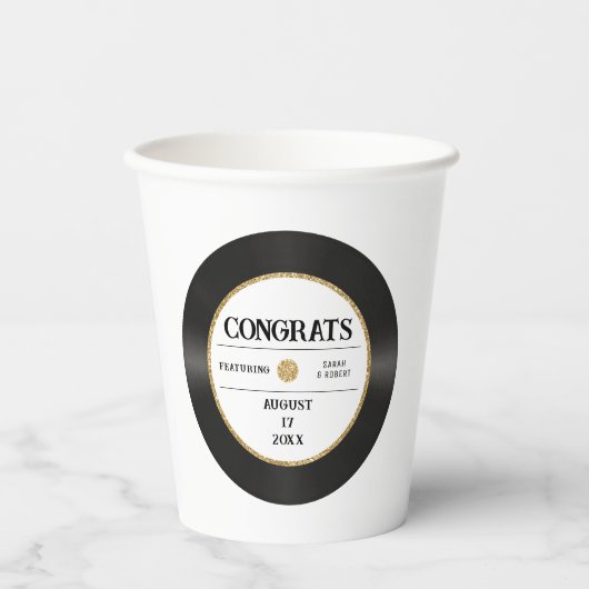 Retro Gouden Glitter Vinylplaat Congrats Trouwen Papieren Bekers (Voorkant)