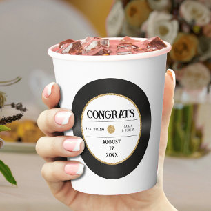 Retro Gouden Glitter Vinylplaat Congrats Trouwen Papieren Bekers