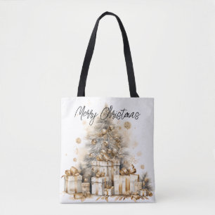 Retro Gouden Kerstboom Vrolijk Kerstfeest Draagtas