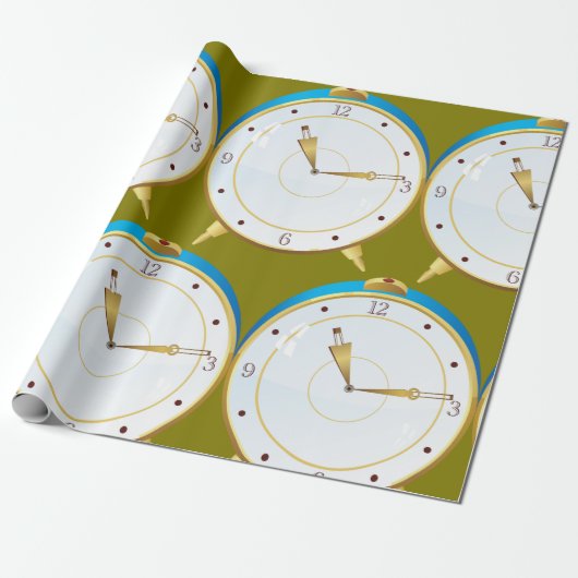 Retro Gouden Wekker met Blauwe Trim Tijdstuk Cadeaupapier (Uitgerold)
