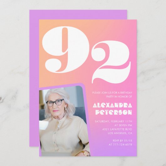 Retro Gradient Pink 92nd birthday Kaart (Voorkant / Achterkant)