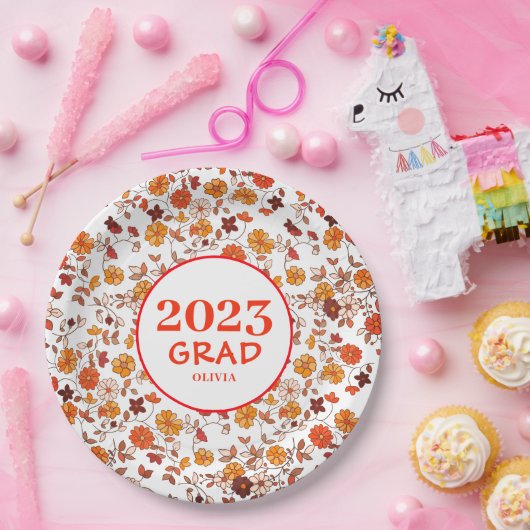 Retro Graduation Party Floral Papieren Bordje (Feest)