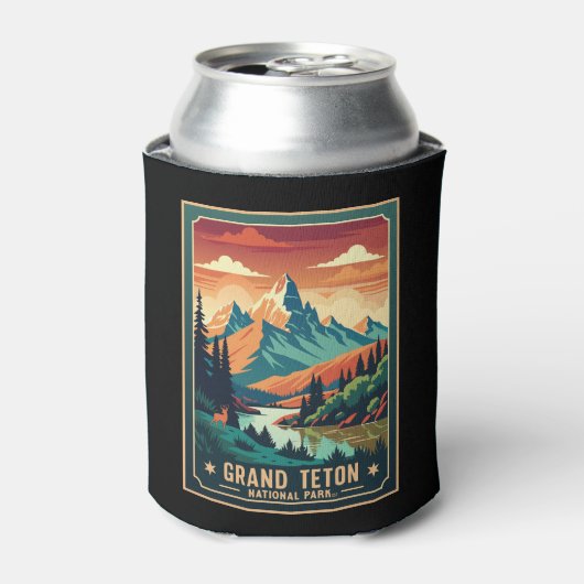 Retro Grand Teton Hike Sunset T-shirt Blikjeskoeler (Blikje Voorkant)