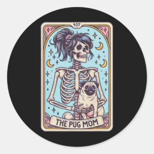 Retro Grappig De Pug Dog Mom Tarot Kaart Skeleton Ronde Sticker