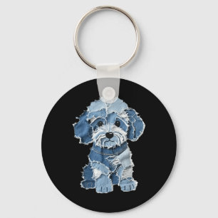 Retro grappige denim patch dier hond print sleutelhanger