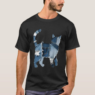 Retro Grappige Denim Patch Dier Kat Print Kat Jong T-shirt