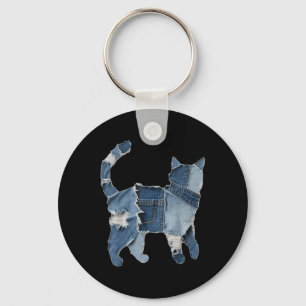 Retro Grappige Denim Patch Dier Kat Print  Sleutelhanger