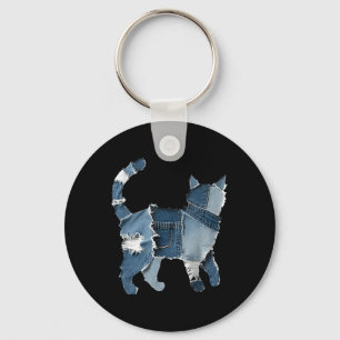 Retro grappige denim patch dier kat sleutelhanger