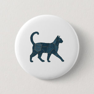 Retro Grappige Denim Patch Dier Kat T-Shirt Ronde Button 5,7 Cm
