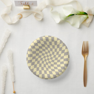Retro Gray Yellow Pastel Warped Checkerboard Papieren Kommen