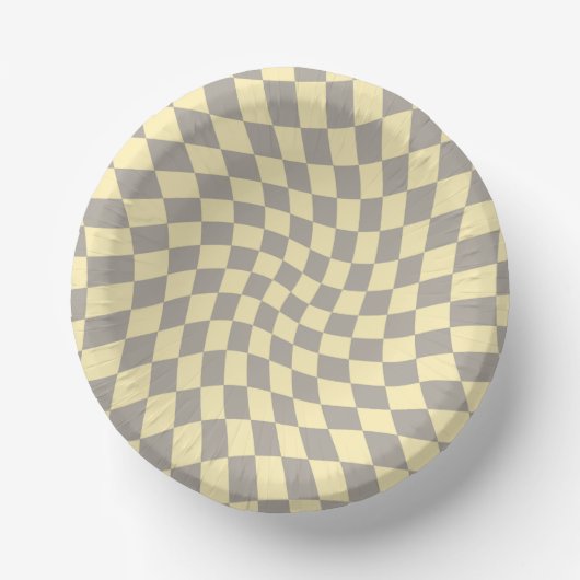 Retro Gray Yellow Pastel Warped Checkerboard Papieren Kommen (Voorkant)