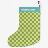 Retro Green Blue Checkerboard Personalized Name Kleine Kerstsok (Achterkant)