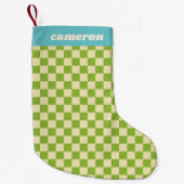 Retro Green Blue Checkerboard Personalized Name Kleine Kerstsok (Voorkant)