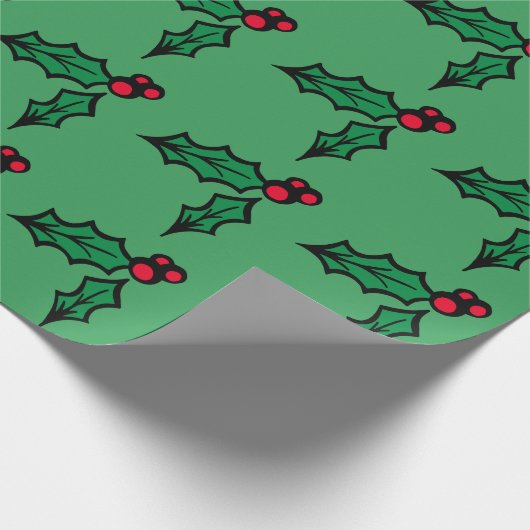 Retro Green Christmas Holly Wrapping Paper Cadeaupapier (Hoek)