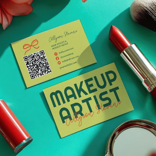 Retro Green Citrus Makeup Artist QR Code Visitekaartje