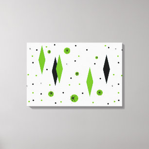 Retro Green Diamonds & Starbursts Stretted Canvas Afdruk