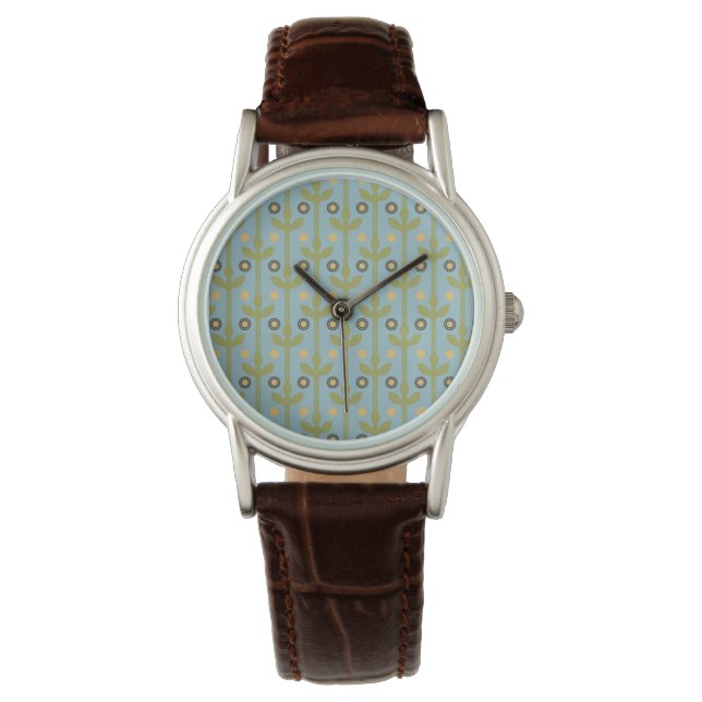 Retro Green en Blue Cute Folksy Floral Pattern Horloge (Voorkant)