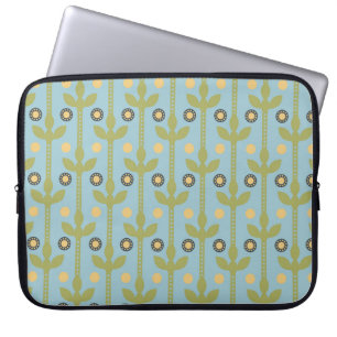 Retro Green en Blue Cute Folksy Floral Pattern Laptop Sleeve