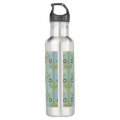 Retro Green en Blue Cute Folksy Floral Pattern Waterfles (Achterkant)