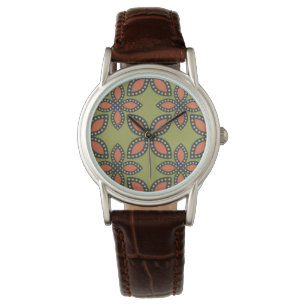 Retro Green en Oranje Abstract Floral Pattern Horloge