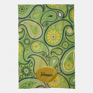 Retro Green en Yellow Paisley Design Theedoek