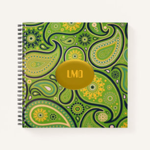 Retro Green en Yellow Paisley Monogram Notitieboek
