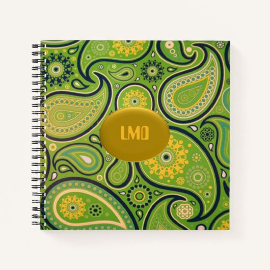 Retro Green en Yellow Paisley Monogram Notitieboek (Voorkant)