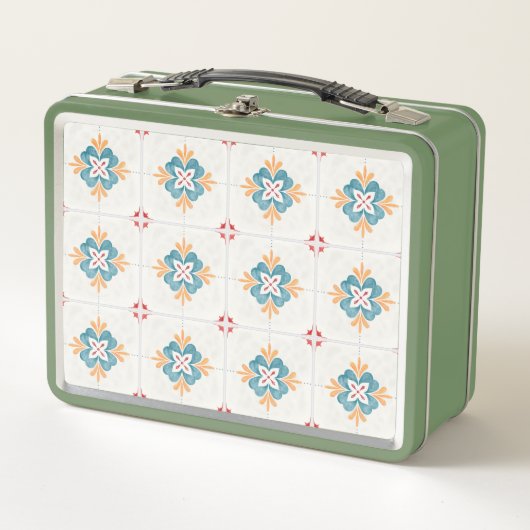 Retro green lunchbox with a floral tile pattern  (Devant)