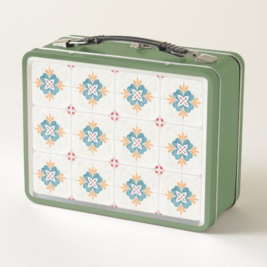 Retro green lunchbox with a floral tile pattern  (Achterkant)