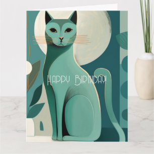 Retro Green Mid Century Cat Happy Birthday Kaart
